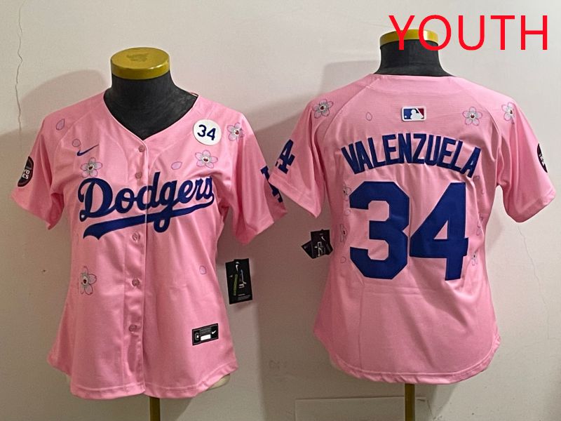 Youth Los Angeles Dodgers 34 Valenzuela Pink Sakura Edition 2025 Nike MLB Jersey style 39